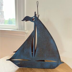 Vintage Handmade Large Metal Sailboat Candle Holder Surround Decor